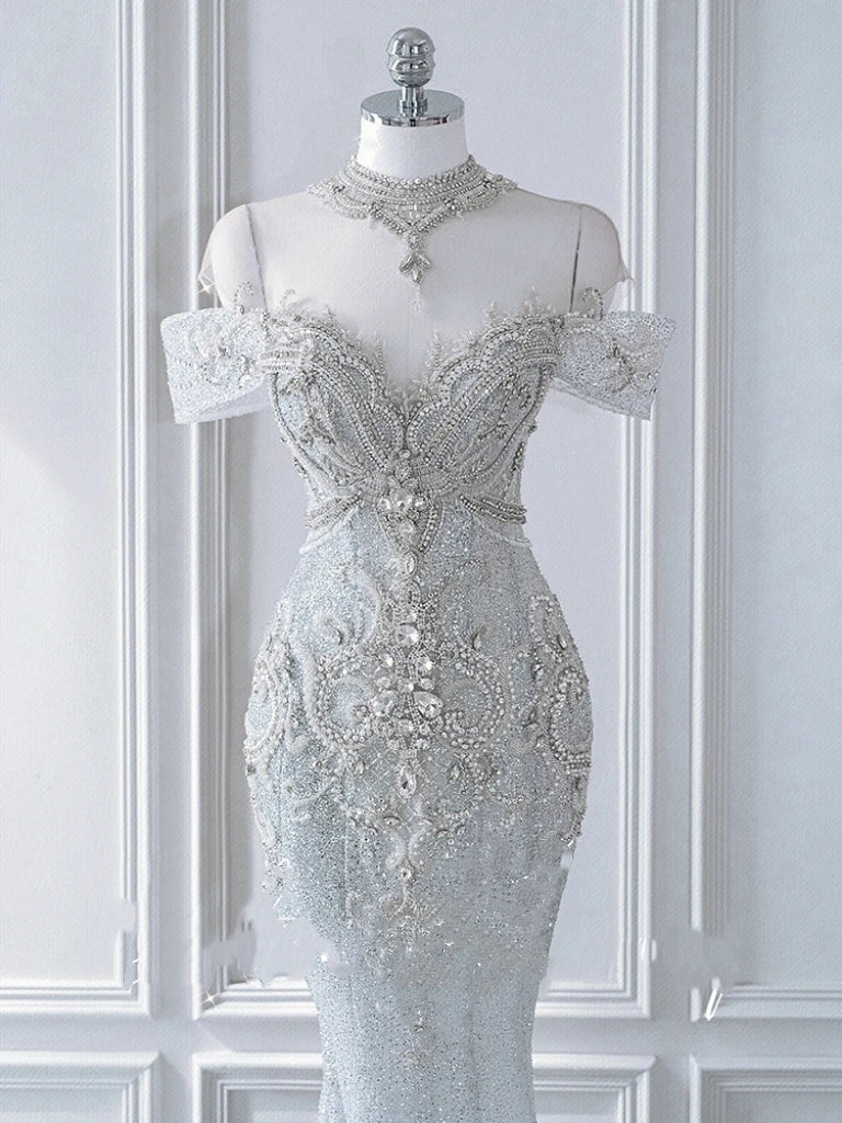 Robe de mariée de luxe pour senior, épaules dénudées, broderie de perles, paillettes, sirène, appliques, longueur au sol, robes de fiançailles pour mariée