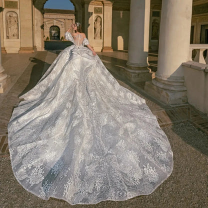 Elegante vestido de novia de princesa con apliques y cuentas para novia, vestido de novia largo hasta el suelo brillante