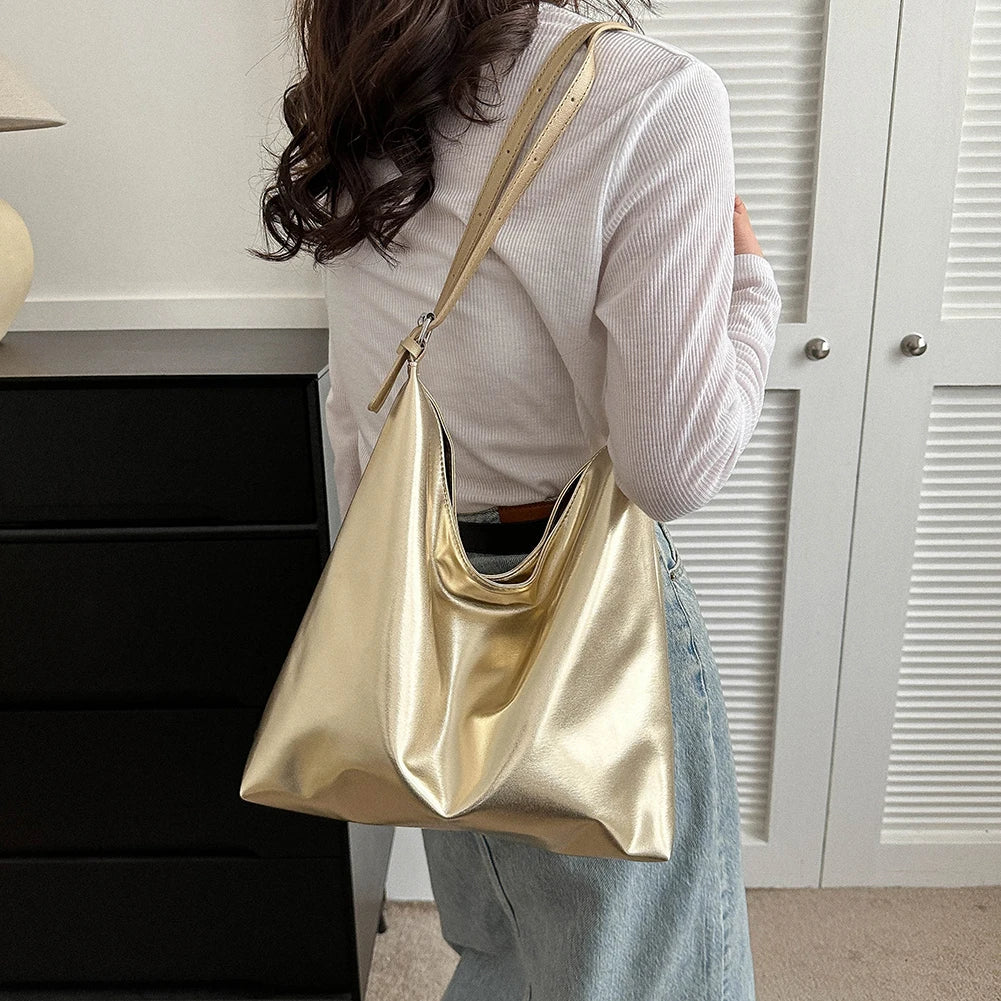 Bolso de diseñador de lujo para mujer, bolso de compras de moda, bolso de mano de PU con asa superior, bolso de mano informal de cuero plateado y dorado de gran capacidad