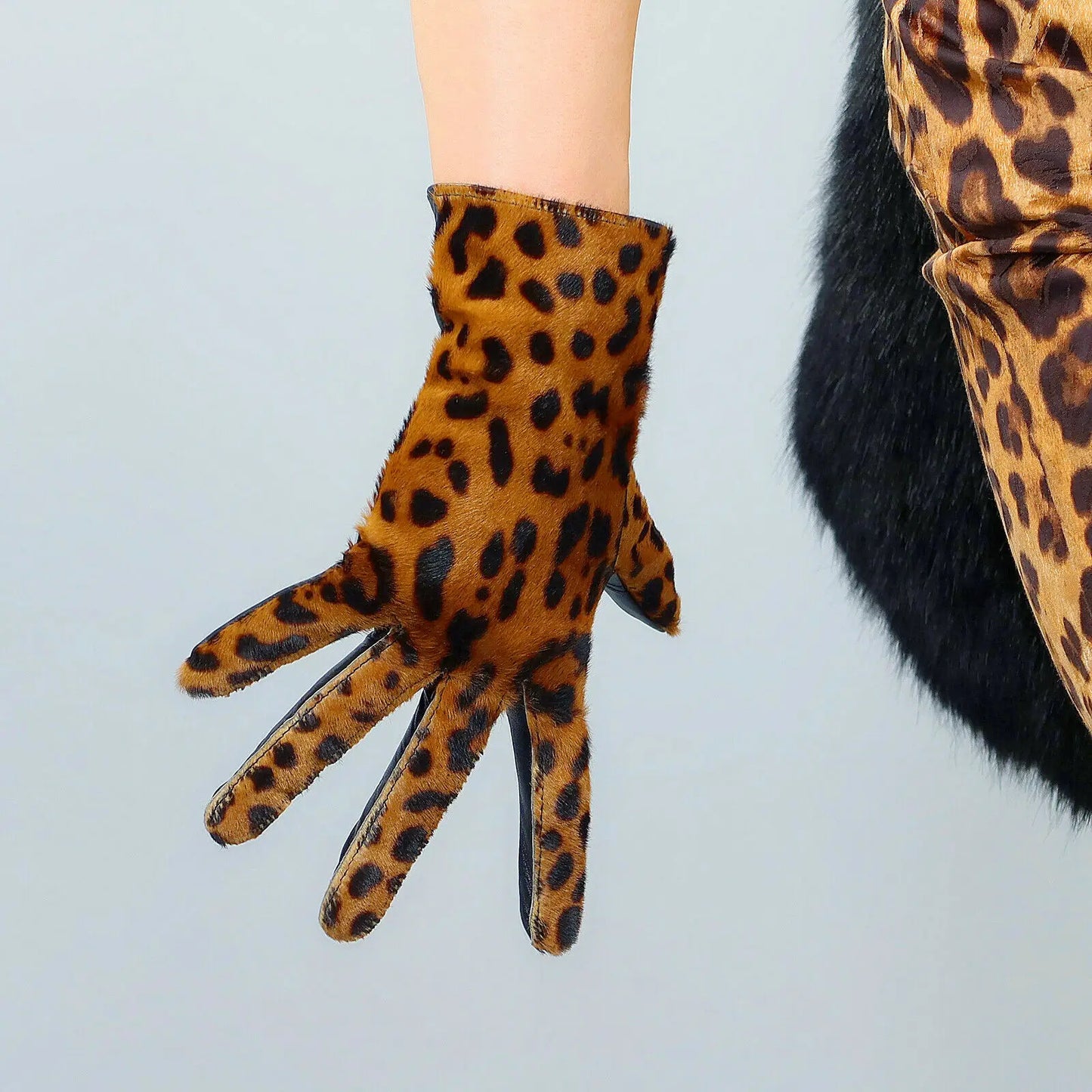 DooWay Winter Warm Leopard Glove Women's Short Leather Gloves Genuine Imported Goatskin Black Two Tone Driving Evening Glove