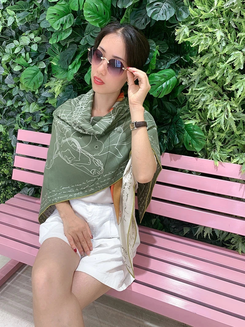 Horse Print Green Cashmere Silk Wool Scarf 135CM Hems Roller Scarfs Designer Luxury Shawl Pashmina Women Winter Scarves Blended