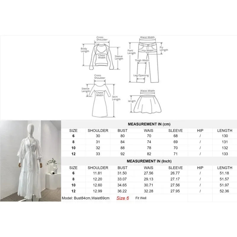 White Hook Flower Hollow Long Shirt Dress Top Quality Spring Women Summer Elegant Lantern Sleeve Buttons Lace-up