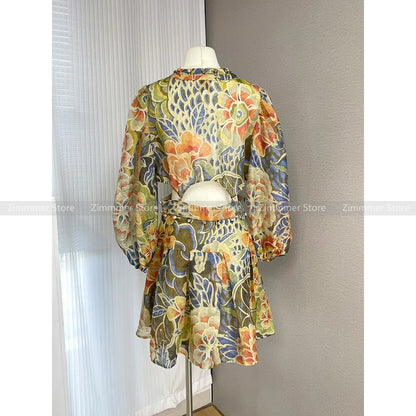 Australian niche retro V-neck large flower print waist-baring long-sleeved short dress for women