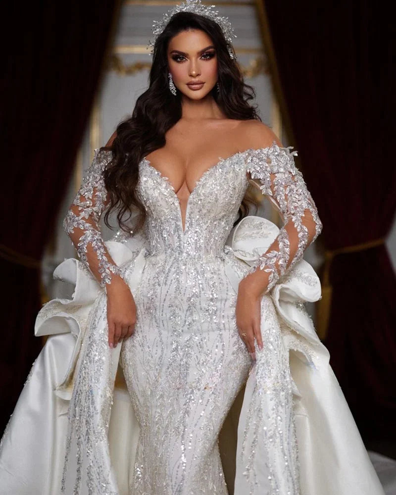 Vestidos de novia de moda con hombros descubiertos y cola desmontable, apliques de lentejuelas y cuentas de lujo, vestidos de novia de cola de corte sirena