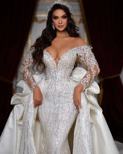 Fashion Off The Shoulder Wedding Dresses with Detachable Train Luxury Beads Sequined Appliques Court Train Mermaid Bride Dresses