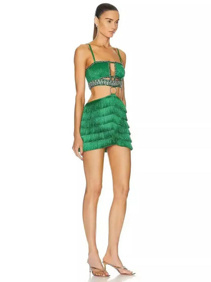 Brand Summer New 2024 INS Celebrity Sexy Tassel Green Bodycon Bandage Dress Elegant High Street Evening Mini Party Dress