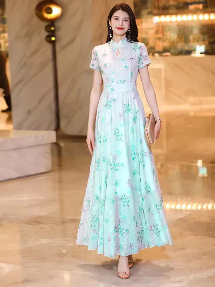 New Women Summer Chinese Style Long Dress Fashion Chi-pao Collar Short Sleeve Ankle-Length Dress Elegant Green Jacquard Dress