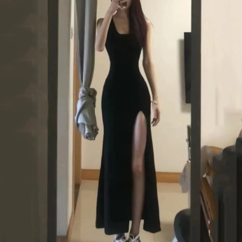 Vestido sexy de tirantes finos con abertura alta de Rimocy para mujer, vestido ajustado negro de verano 2024, vestido largo de fiesta sin mangas para mujer