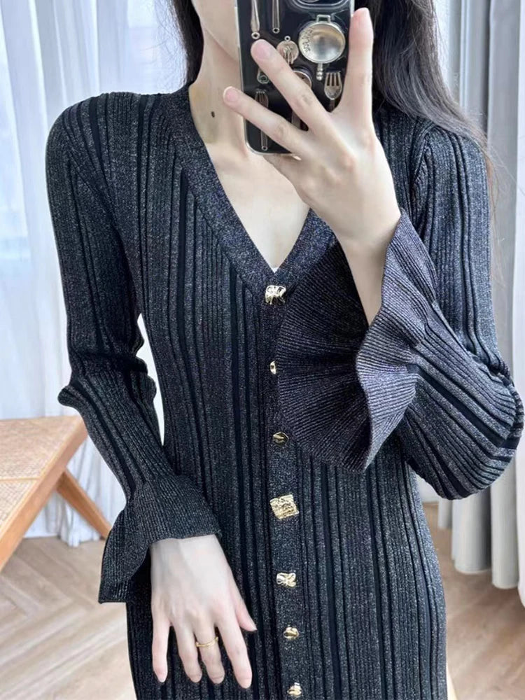 Autumn Winter New Temperament Knitted Long Fishtail Dress Women Elegant V-Neck Single-Breasted Micro Flared Sleeve Robe Ladies