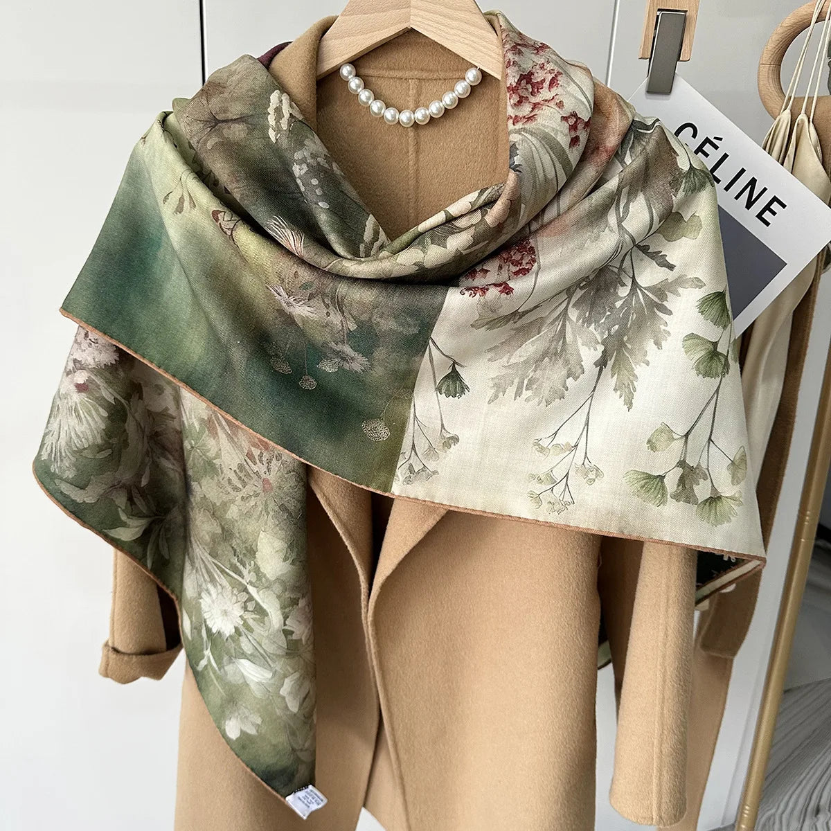 Bufanda de seda y lana con flores, bufandas con estampado AB de doble cara, chales, hiyabs, accesorios de invierno, pashmina para mantener el calor, estola, hijab 140