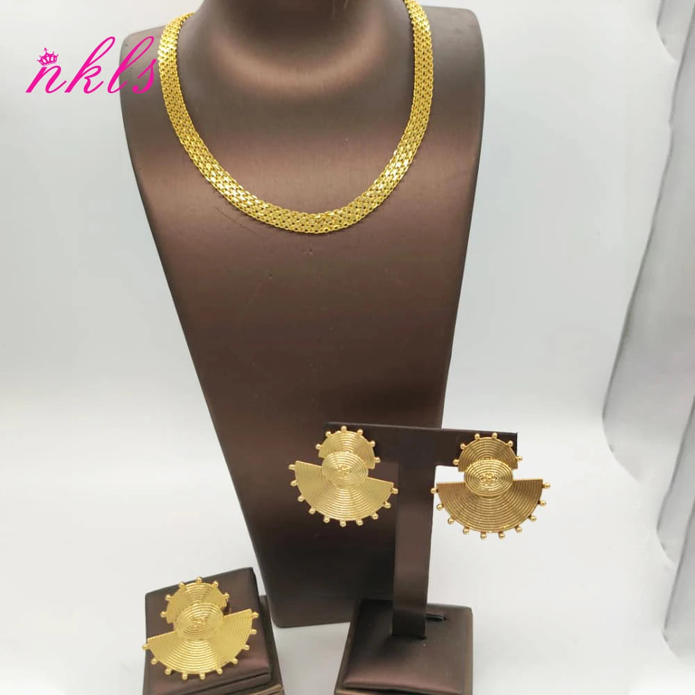 Ensembles de bijoux pour femmes couleur or chaîne de luxe design boucles d'oreilles bague éthiopienne la dernière vente chaude bijoux africains nigérians fête