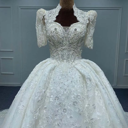 Nuevo y exquisito vestido largo para mujer para boda, de organza, largo hasta el suelo, con lentejuelas, con cordones y pliegues, bata de boda MN166