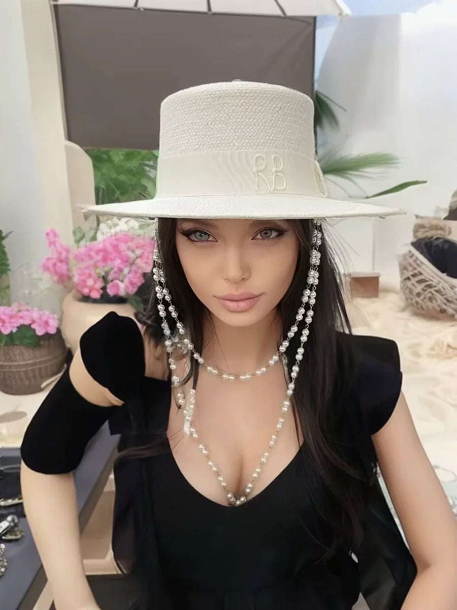 2023 summer new arrival Double Chain Strap Boater Hat straw hat for women