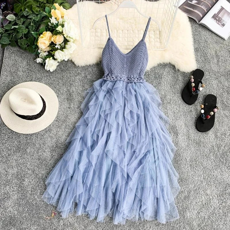 Summer Sleeveless Sling Gauze Tulle Dress Women knit V-neck Sexy Backless Long Dresses Sweet Mesh Pink Party Dress Vestidos