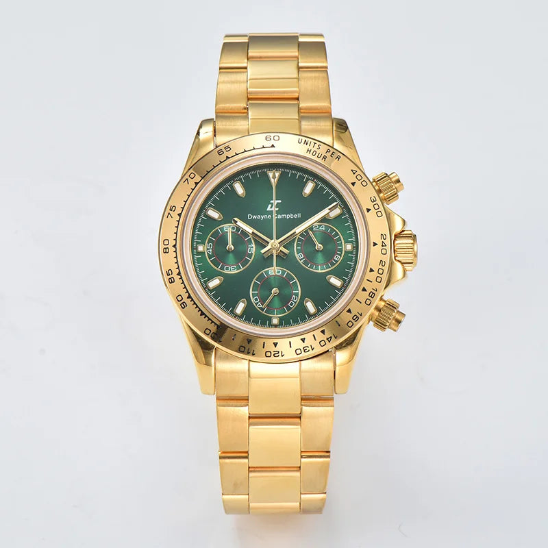 VK63 Chronograph Men Custom S Logo Watch 40mm All Gold Stainless Steel Case Green Dial Waterproof Top Luxury Brand Wristwatches