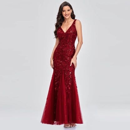 Robe de cocktail en tulle à paillettes sans manches et col en V Robe de soirée sirène à dos en V Robe de soirée brodée pour femme