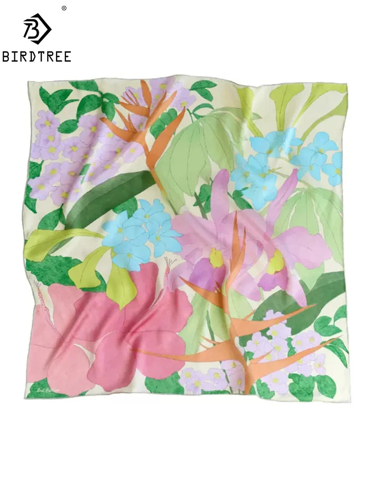 BirdTree, 100% véritable foulard en soie élégant, 85 cm, imprimé floral, cadeau pour maman, écharpe rétro tendance chic, été 2024 automne A465137QM