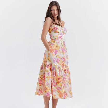 Robe mi-longue d'été à bretelles spaghetti Oligai, élégante, décontractée, imprimé floral, robe de fête de vacances avec poche, vêtements pour femmes 2024