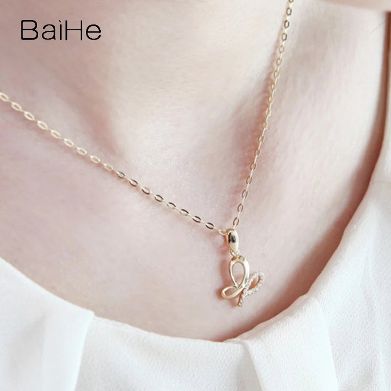 BAIHE Solid 14K Yellow Gold 0.09ct H/SI Natural Diamond Butterfly Pendent Necklace Women Trendy Fine Jewelry Making Náhrdelník