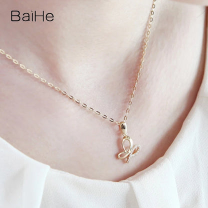 Collier pendentif papillon en or jaune massif 14 carats BAIHE avec diamant naturel H/SI de 0,09 ct pour femme, fabrication de bijoux fins et tendance