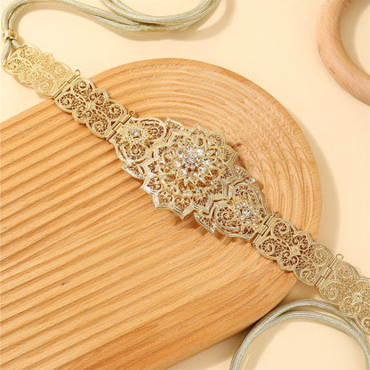 Chaîne de taille marocaine en métal pour mariée arabe, bijoux de mariage, ceinture de robe, strass à motifs floraux, embellissements, cadeaux de fête d'anniversaire