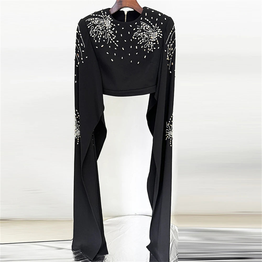 New Fashion Women's 2 Pieces Formal Dress Set, Long Cape Sleeves Top With Long Flare Pants  Crystals Embellished