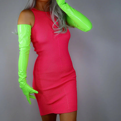 Guantes largos de cuero DooWay para mujer, 70 cm, de látex sintético con efecto patente verde fluorescente brillante, para disfraz de fiesta navideña