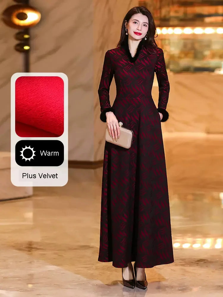 New Women Autumn Winter Plus Velvet Thick Dress Fashion Mink Fur Small V-Neck Long Sleeve Slim Dress Elegant Overlength Dress