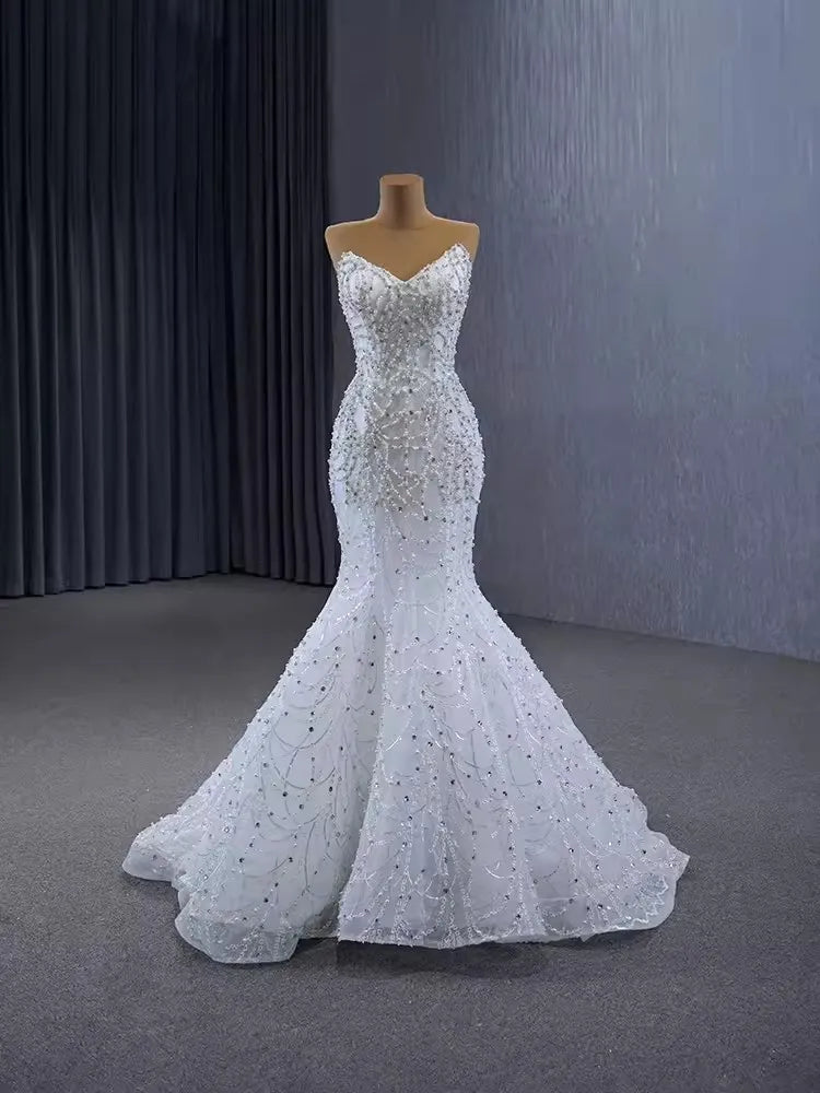 Vestidos de novia de lujo de Arabia Saudita con cola desmontable, escote en V, corsé con perlas de cristal, vestido de novia, vestidos de novia