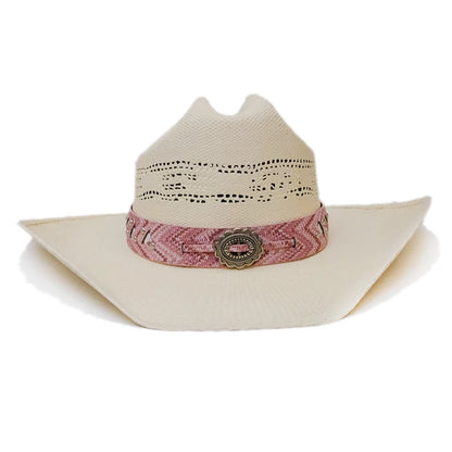 Chapeau de soleil en paille dure pour femme avec ceinture en cuir rose ajouré Yellowstone, chapeau de plage à large bord, style western américain, style cow-boy, 55-61 cm