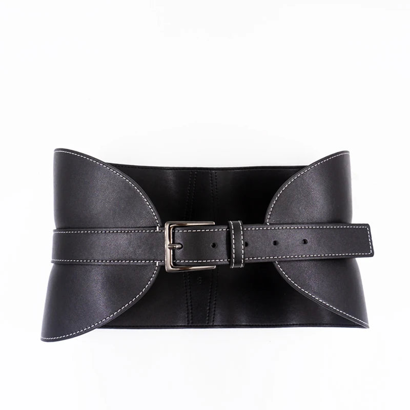 Top-stitched waist seal leather women's wide waistband black pin buckle fashion soft leather dress decorative belt