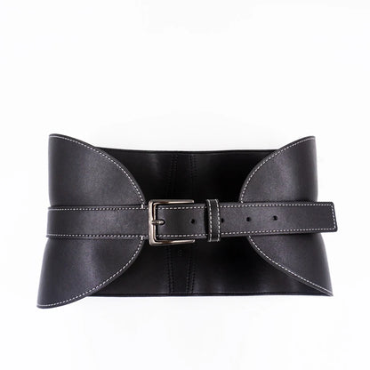 Ceinture large en cuir à coutures surpiquées pour femme avec boucle ardillon noire, ceinture décorative tendance en cuir souple