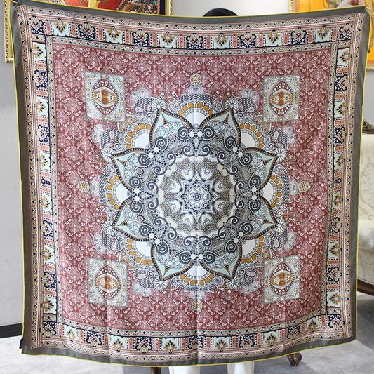 High-end Elegant Women‘s Exquisite Totem Indian Style Double-sided Print Quality Silk Wool Hand-rolled Edge Warm Big Scarf Shawl