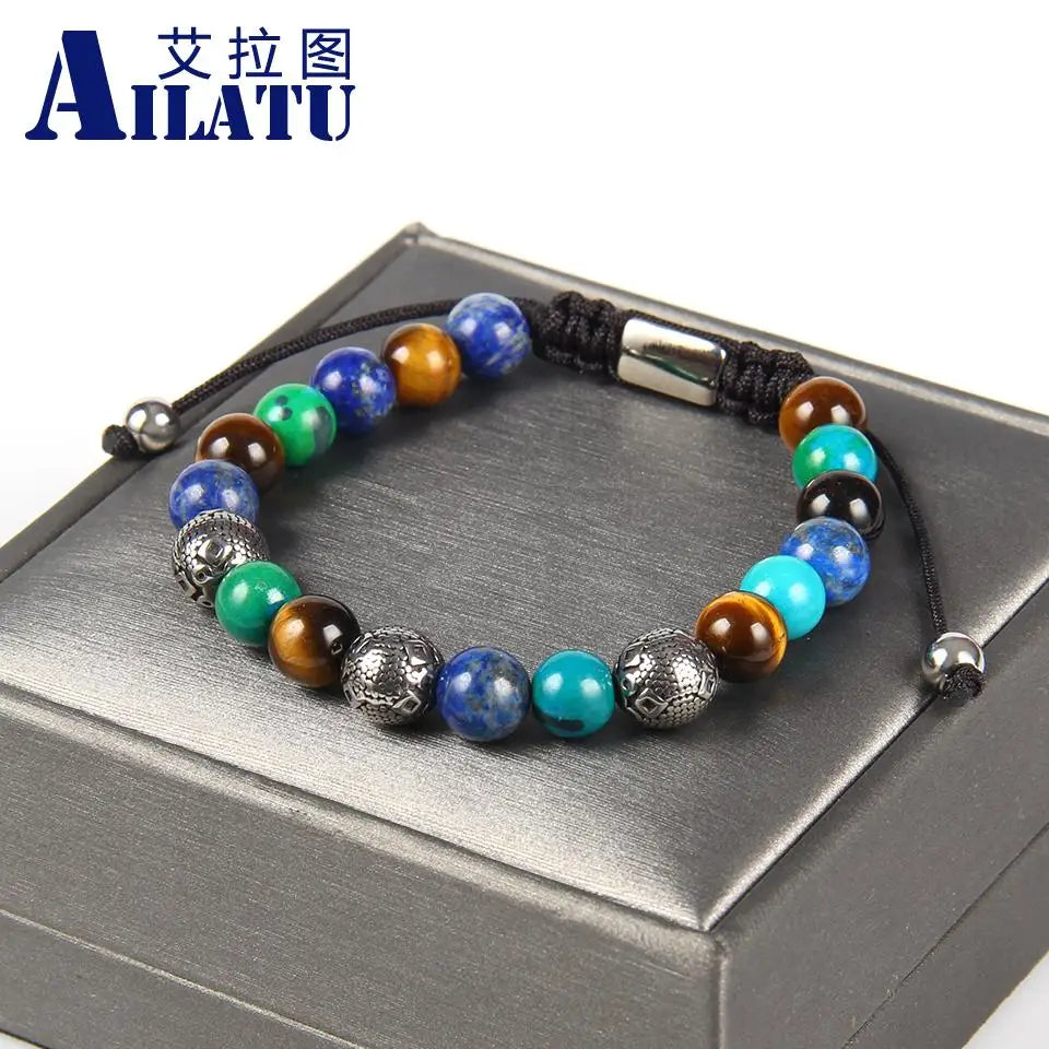 Ailatu 10 Pieces Men's Brand Stainless Steel Ball Bracelet with Natura Stone and Wood Beads Top Quality Free Logo Service