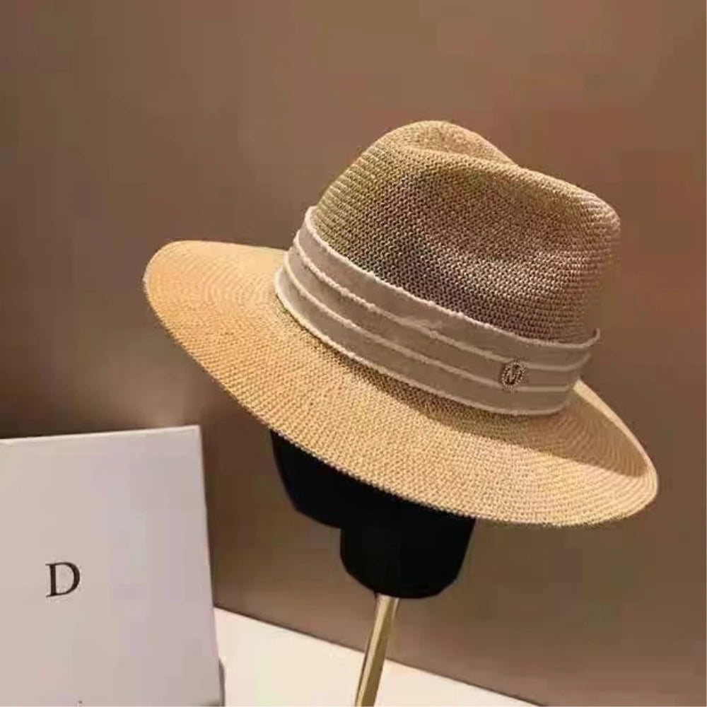 2024 Nuevo sombrero de paja de diseño de estilo europeo y americano para mujer, sombrero para el sol con letras huecas, sombrero para el sol de moda