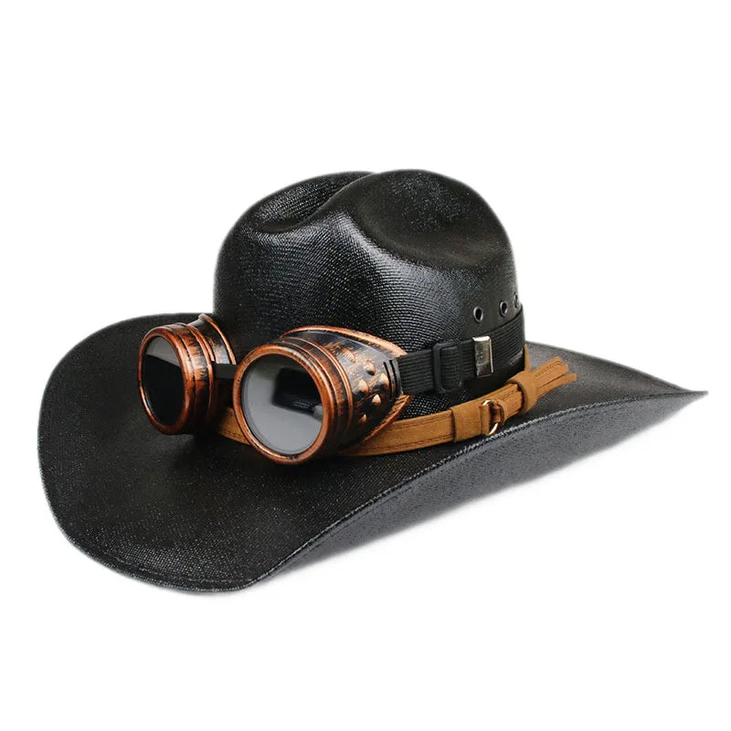 Sombrero de vaquero y vaquera de ala ancha estilo retro con gafas de bronce para mujer y hombre, estilo playa de Yellowstone, estilo western americano, con pinzas en la parte delantera, 57-61 cm