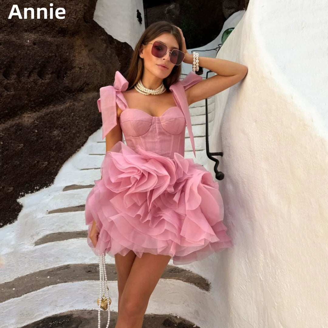 Vestido de novia Annie Sweetheart rosa con capas de organza esponjosa, vestidos de fiesta cortos de hada a medida, vestidos de ocasión, vestidos de fiesta