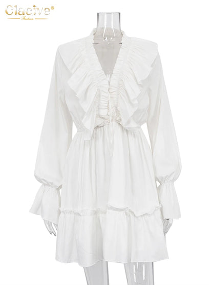 Clacive Sexy Robe Blanche Ample Dames Mode Col en V Manches Longues Mini Robe Élégante À Volants Taille Haute Robes Pour Femmes 2023