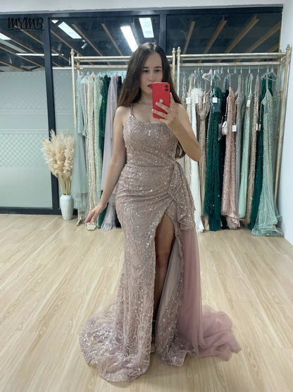 MYMB Pink Luxury One Shoulder Mermaid High Slit Evening Formal Dress with Side Train Sxey Spaghetti Strap Beaded Prom Party Gown