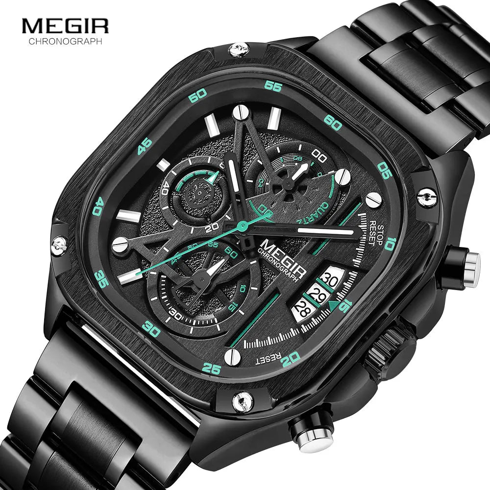 Montre à quartz noire MEGIR pour homme, étanche, cadran carré, avec chronographe, bracelet en acier inoxydable, aiguilles lumineuses, date automatique