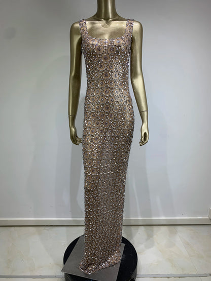 Robe longue sexy en maille transparente avec cristaux et diamants pour femme, tenue de fête d'anniversaire, de bar, de discothèque, de chanteur, de spectacle sur scène