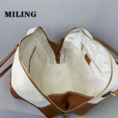 Women Cowhide Patchwork Canvas Handbag Large Capacity Commuting Bowling Bag Gold-tone Zip Square Handbag With Shoulder Strap