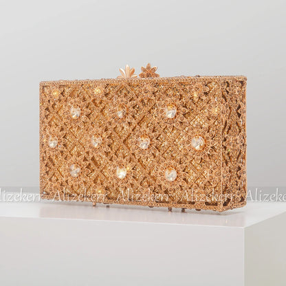 Bolsos de noche de lujo para mujer, de cristal dorado y metálico, con diseño de flores a cuadros y diamantes cuadrados, para boda, bolso de mano con cadena para fiesta