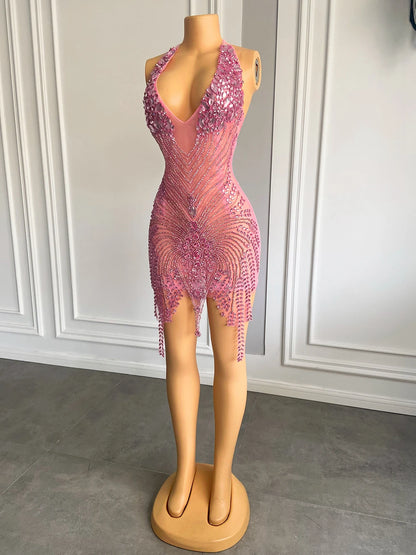 Robe de soirée d'anniversaire courte rose faite à la main avec perles et strass et diamants, robe de cocktail sexy transparente sur le devant, 2023