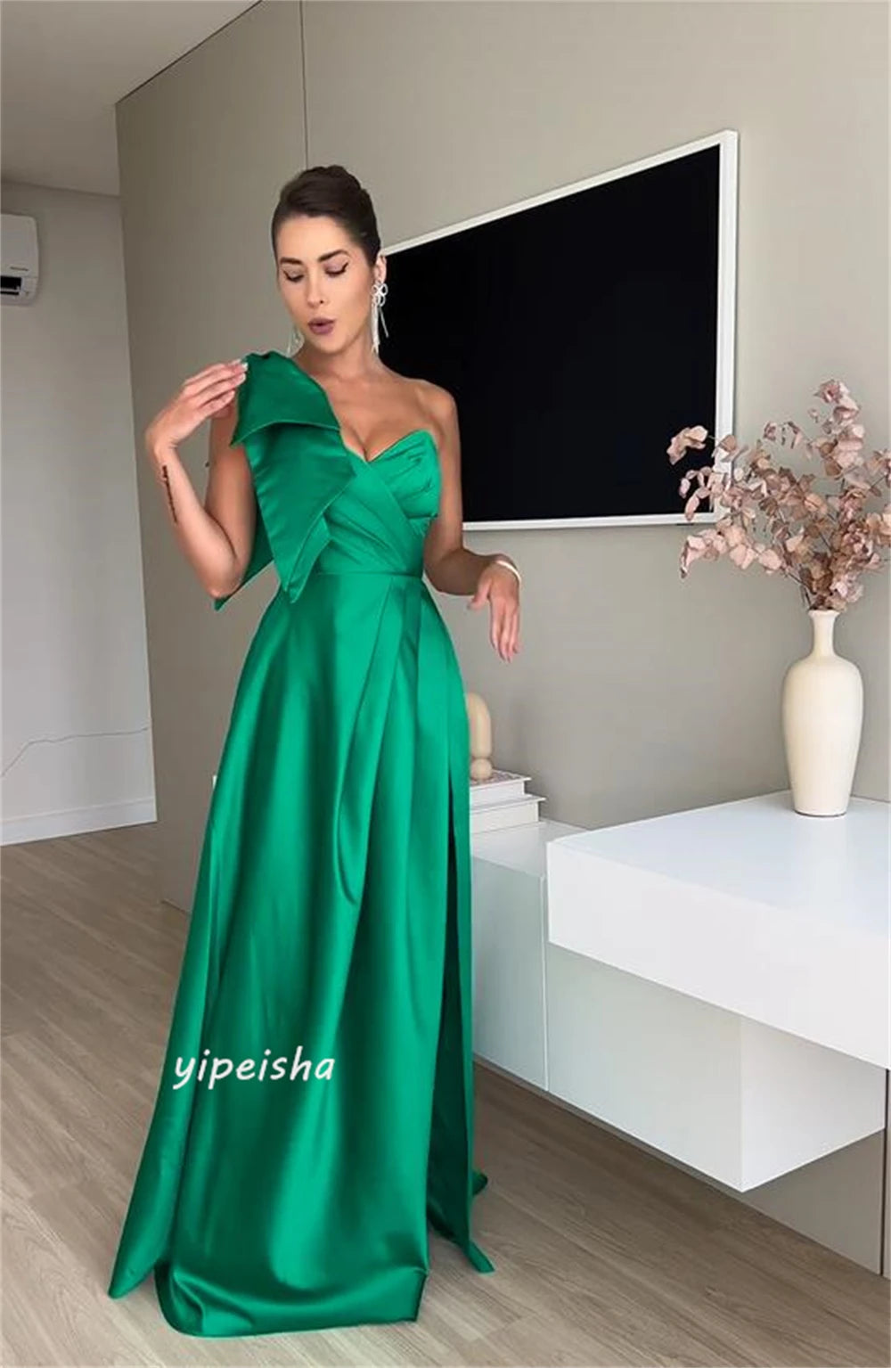 Jiayigong High Quality  Classic Modern Style Formal Evening One-Shoulder A-line Bow Ruched Satin Bespoke Occasion Dresses