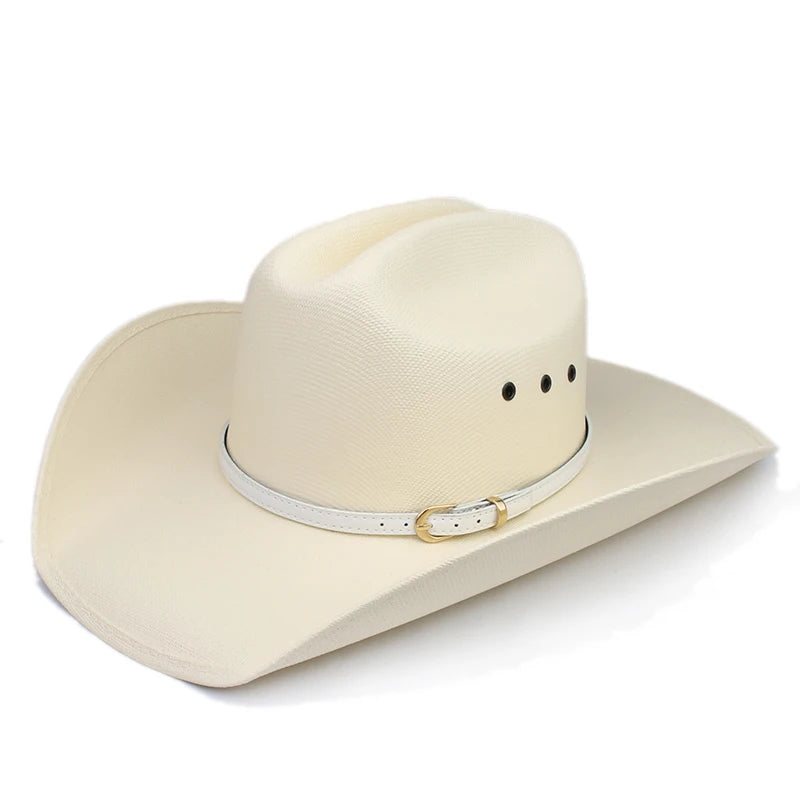 Chapeau de soleil unisexe en cuir blanc rétro avec ceinture Yellowstone pour extérieur, plage, western américain, large bord, cowboy, cowgirl, pincement sur le devant, 57-61 cm