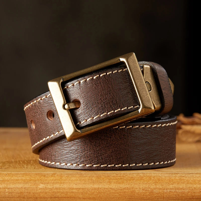 Handmade Thickened Vintage Genuine Leather For Men Belt 100% Real Cowhide Leather Jeans Belt Retro Pure Cooper Pin Buckle Strap