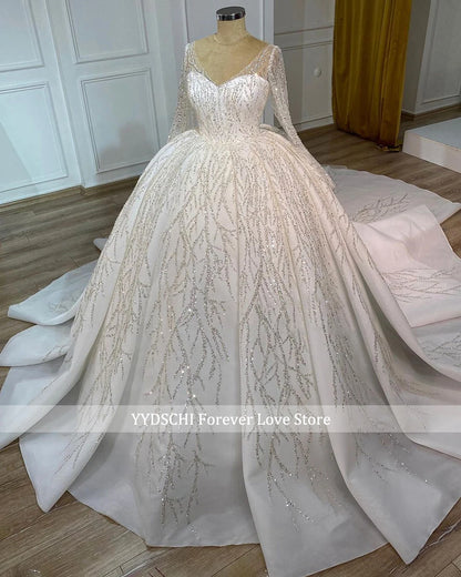 Vestido de novia de lujo con escote en V y mangas largas 2024, vestido de novia con encaje brillante y lentejuelas para mujer, vestidos de novia con cola capilla