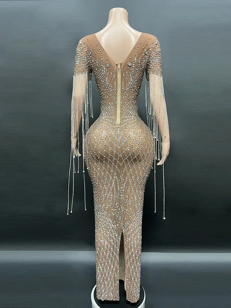 Robe de mariée de danseuse brillante fantaisie, robe impressionnante, transparente, longue, diamant, marron foncé, robe de fête, costume d'anniversaire de luxe