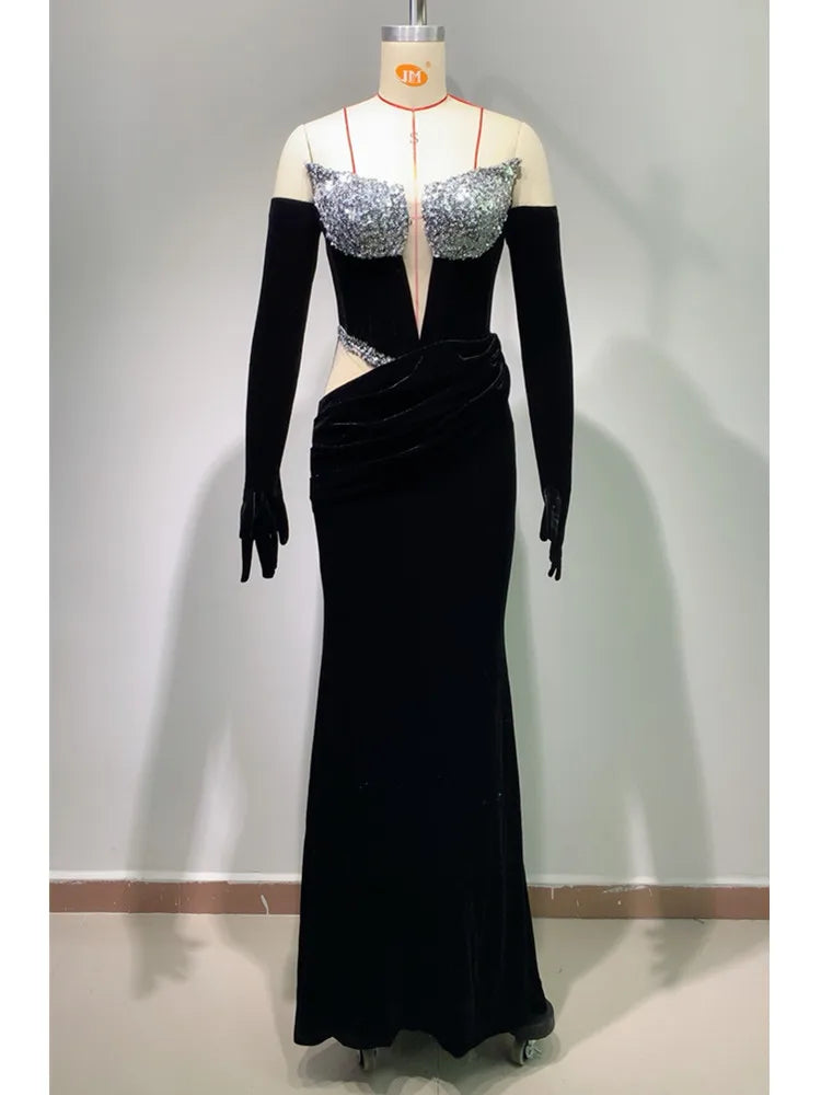 Women Celebrity Sexy Off Shoulder Velvet Sequins Maxi Long Dress 2024 Elegant Party Evening Stage Performance Outfit Vestido